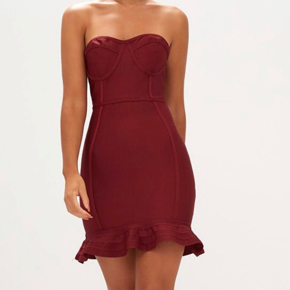 Dark Red Bandage Frill Hem Bodycon Dress